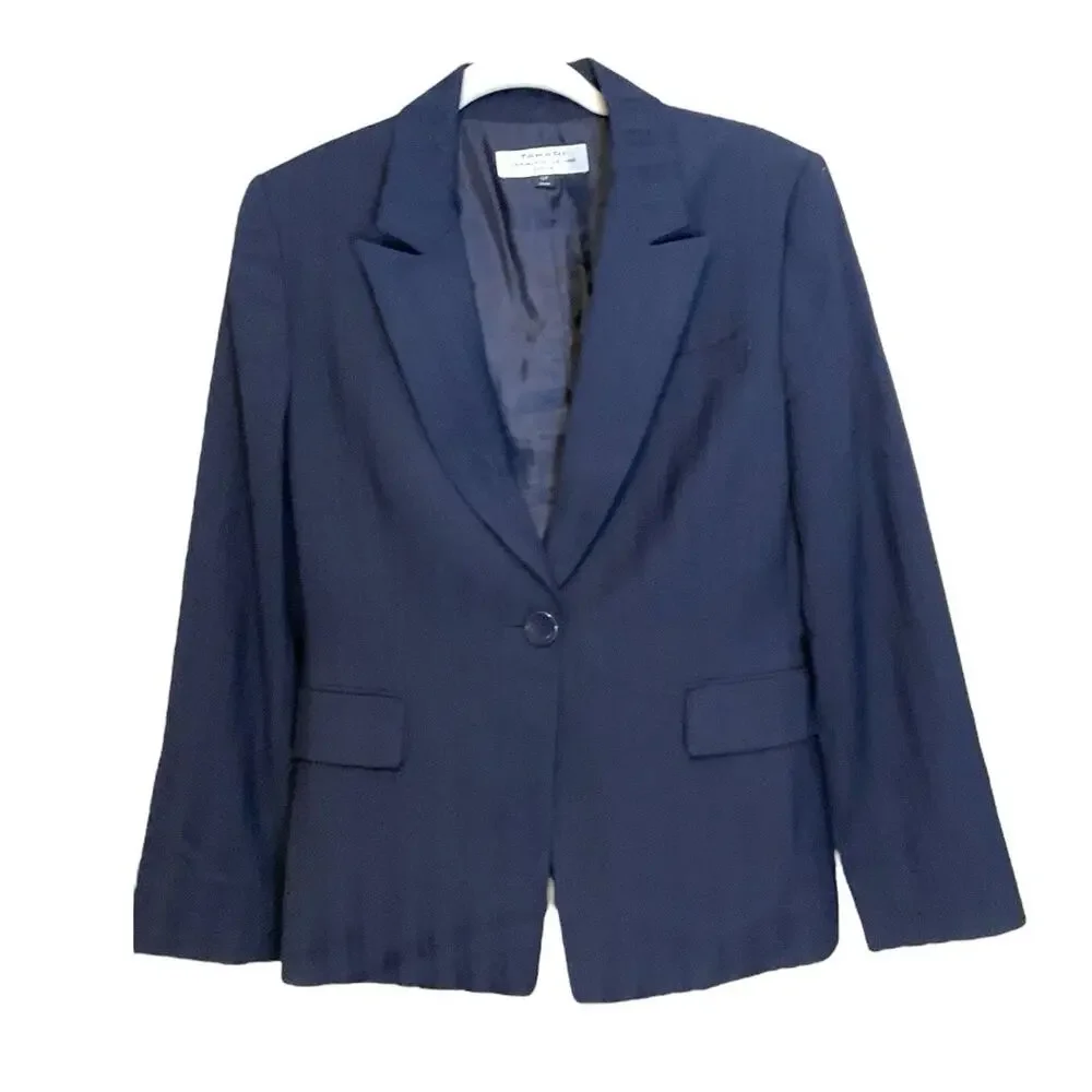 Tahari‎ Navy Blue Subtle Stripe Blazer Jacket Women's Sz 10P Pockets Career